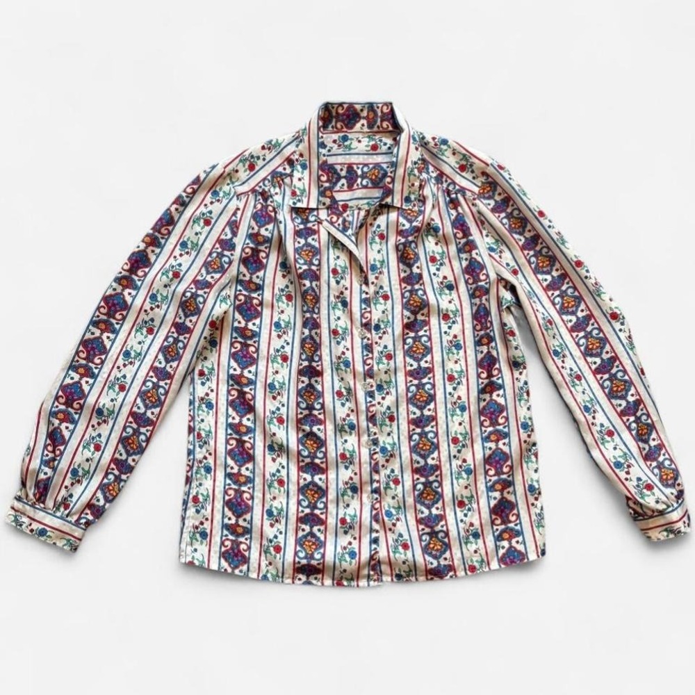 Vintage button up blouse ribbon paisley print floral white red blue women M L